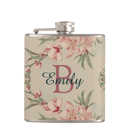 ヴィンテージの水彩画のピンクの花柄 フラスク (正面)