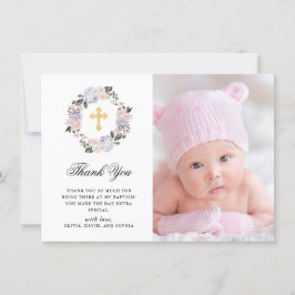 ヴィンテージの水彩画の花の金ゴールドの十字の写真の洗礼 サンキューカード