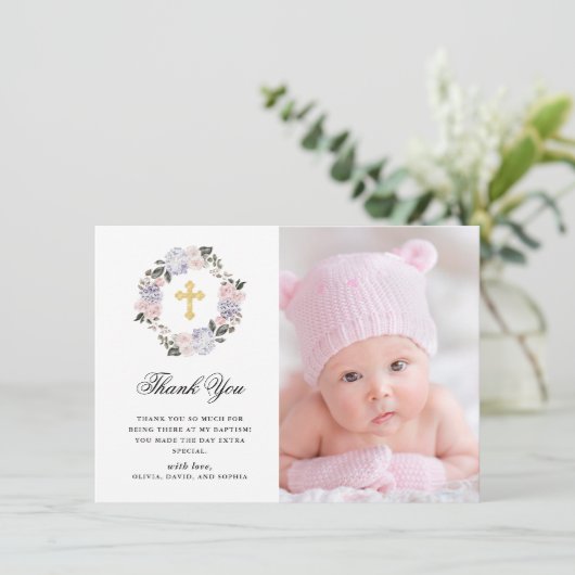 ヴィンテージの水彩画の花の金ゴールドの十字の写真の洗礼 サンキューカード (スタンド正面)