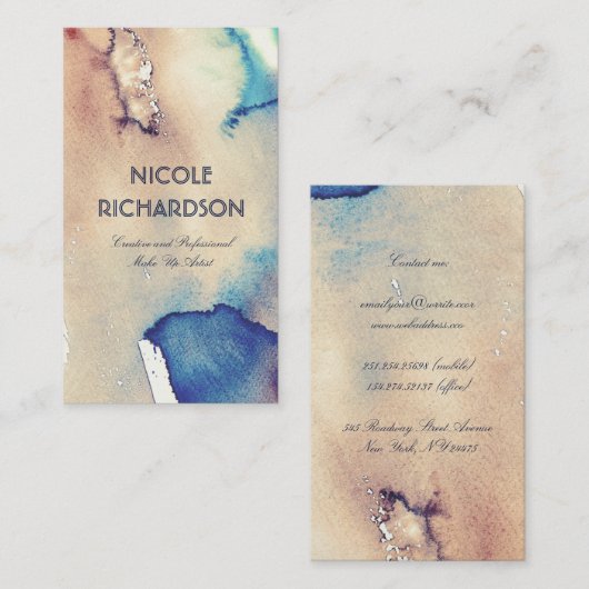 ヴィンテージの水彩画海軍アイボリーおよびティール（緑がかった色）ははねかけます 名刺 (正面/裏面)