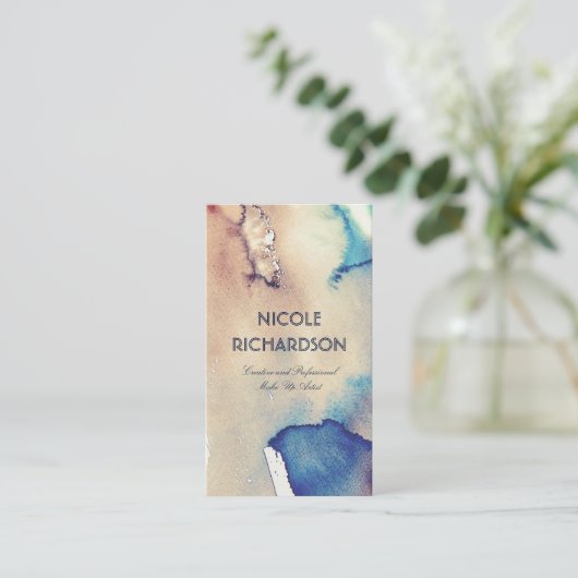 ヴィンテージの水彩画海軍アイボリーおよびティール(緑がかった色)ははねかけます 名刺 (スタンド正面)