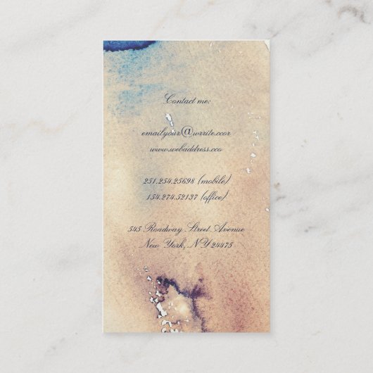 ヴィンテージの水彩画海軍アイボリーおよびティール(緑がかった色)ははねかけます 名刺 (裏面)