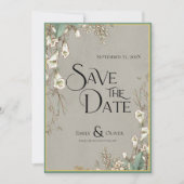 ヴィンテージの水彩白花の緑 セーブザデート (正面)