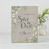 ヴィンテージの水彩白花の緑 セーブザデート (スタンド正面)