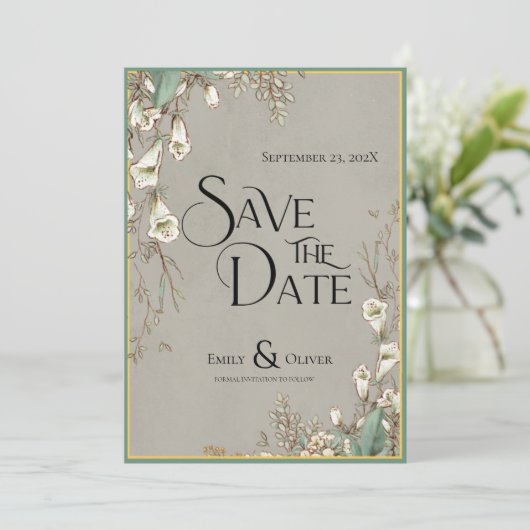 ヴィンテージの水彩白花の緑 セーブザデート (スタンド正面)