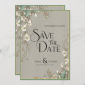 ヴィンテージの水彩白花の緑 セーブザデート (正面/裏面)