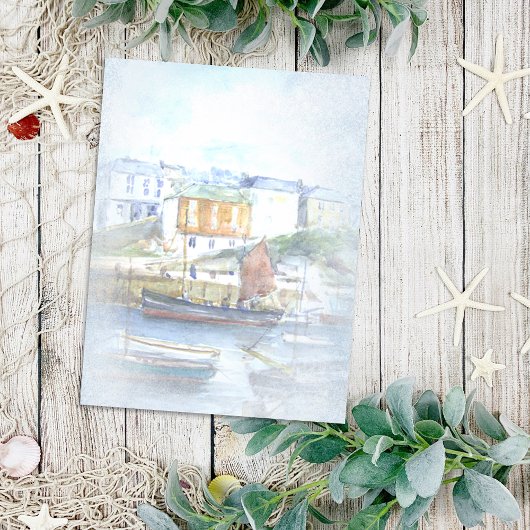 ヴィンテージの水彩船が港に ポストカード