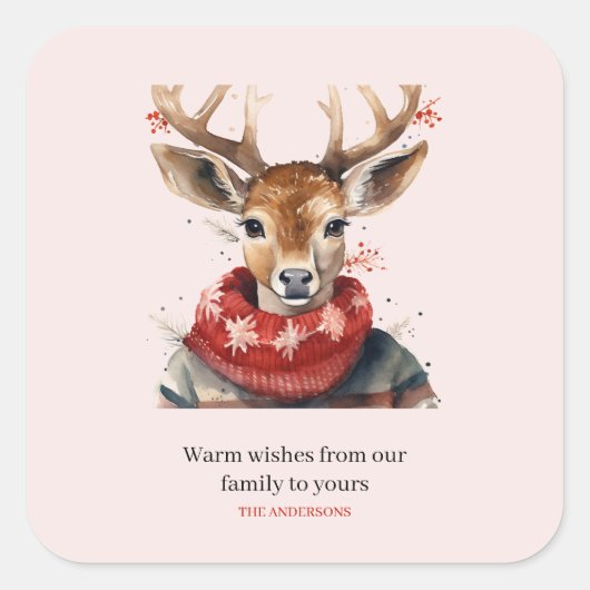ヴィンテージの水彩鹿と。メリークリスマス スクエアシール (正面)