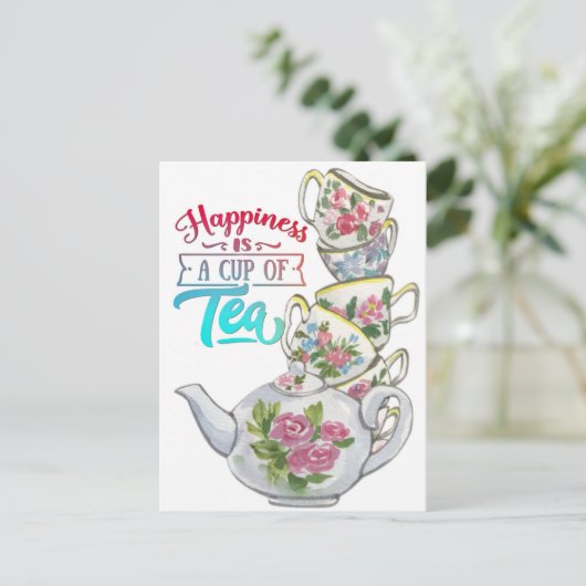 ヴィンテージの水色のお茶の幸福感 ポストカード (スタンド正面)