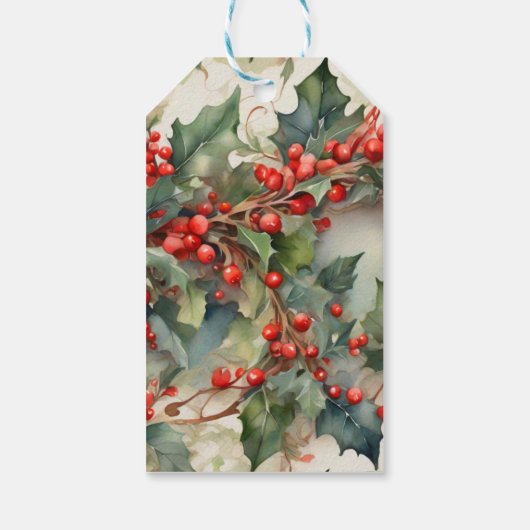 ヴィンテージの水色のホリー離れベリー ギフトタグ (裏面)