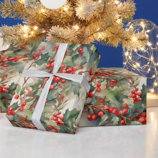 ヴィンテージの水色のホリー離れベリー ラッピングペーパー (クリスマス)