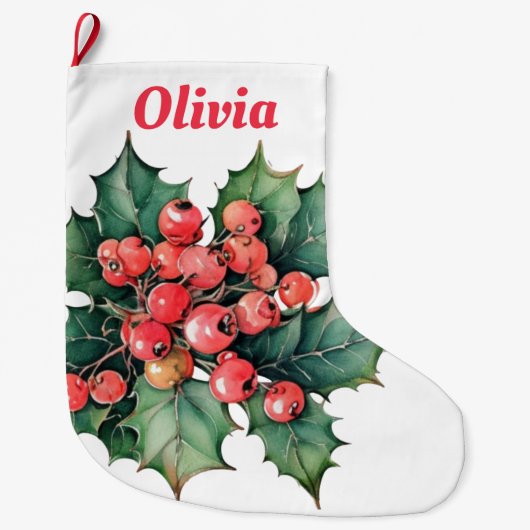 ヴィンテージの水色のホリー離れベリー ラージクリスマスストッキング (正面)