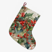 ヴィンテージの水色のホリー離れベリー ラージクリスマスストッキング (正面 (吊り時))