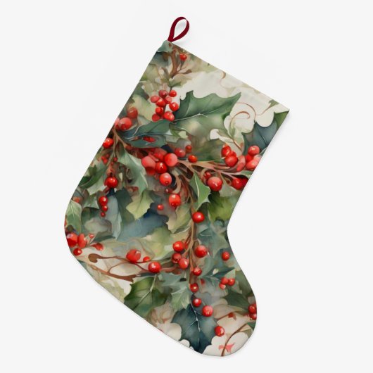 ヴィンテージの水色のホリー離れベリー ラージクリスマスストッキング (正面 (吊り時))