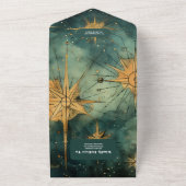 ヴィンテージの水色の天体結婚の オールインワン招待状 (外側)