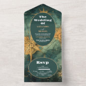 ヴィンテージの水色の天体結婚の オールインワン招待状 (内側)