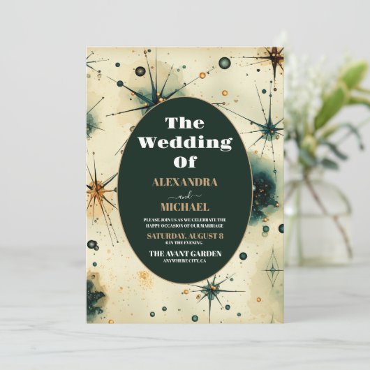 ヴィンテージの水色の天体結婚の 招待状 (スタンド正面)