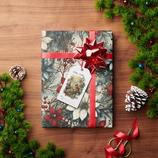 ヴィンテージの水色の森の赤い雀のクリスマス ギフトタグ