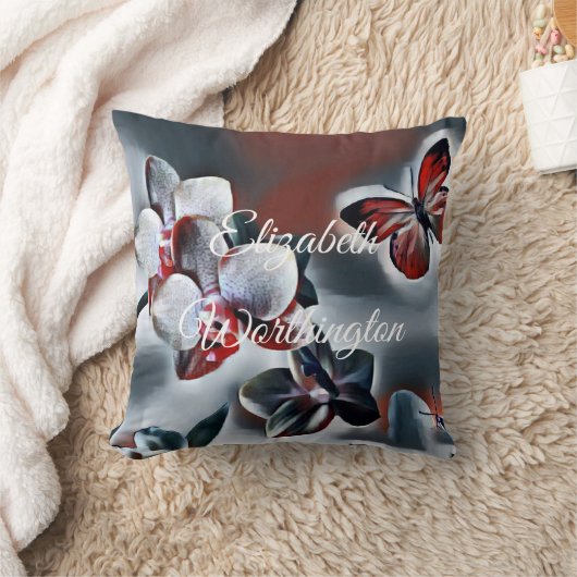 ヴィンテージの水色の白い赤い灰色の蘭の花 クッション (ブランケット)