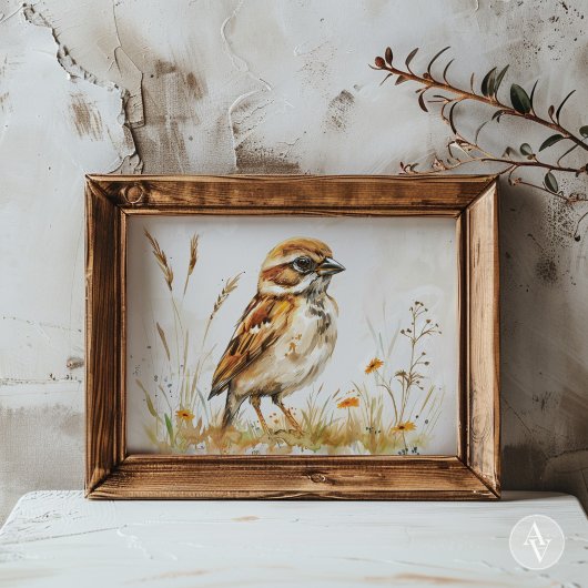 ヴィンテージの水色の絵を描スズメの素朴鳥 ポスター