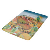 ヴィンテージの水色オレンジ色の緑のポピー花 バスマット (アングル)