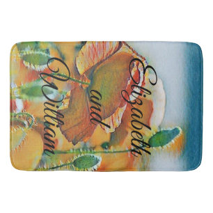 ヴィンテージの水色オレンジ色の緑のポピー花 バスマット