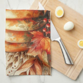 ヴィンテージの水色カボチャと紅葉 キッチンタオル (四つ折り)