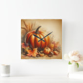 ヴィンテージの水色カボチャと紅葉 スクエア壁時計 (ホーム)