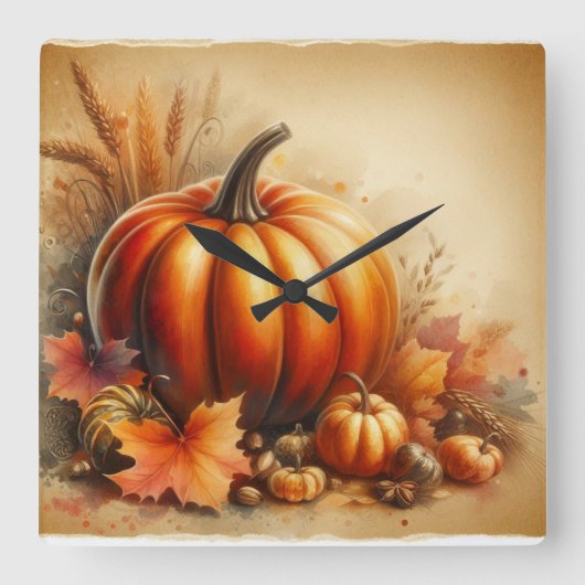 ヴィンテージの水色カボチャと紅葉 スクエア壁時計 (正面)