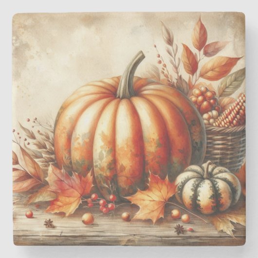 ヴィンテージの水色カボチャと紅葉 ストーンコースター (正面)