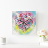 ヴィンテージの水色カラフルバラハート スクエア壁時計 (ホーム)