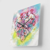 ヴィンテージの水色カラフルバラハート スクエア壁時計 (傾斜)