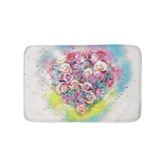 ヴィンテージの水色カラフルバラハート バスマット (正面)