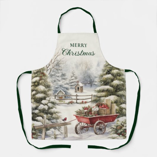 ヴィンテージの水色クリスマスツリーメリークリスマス エプロン (正面)