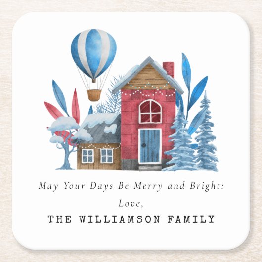 ヴィンテージの水色クリスマスファパーソナライズされたミリ スクエアペーパーコースター (正面)
