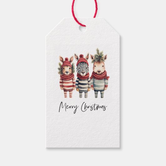 ヴィンテージの水色クリスマス動物 ギフトタグ (正面)