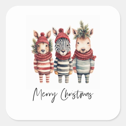 ヴィンテージの水色クリスマス動物 スクエアシール (正面)