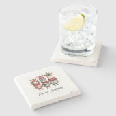 ヴィンテージの水色クリスマス動物 ストーンコースター (横)