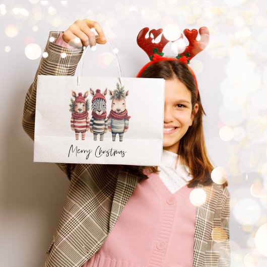 ヴィンテージの水色クリスマス動物 ラージペーパーバッグ