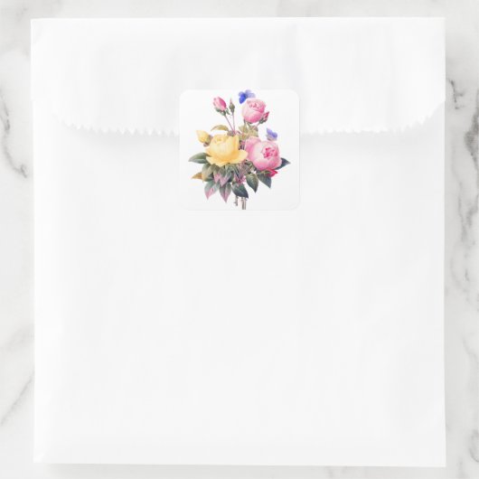 ヴィンテージの水色ピンクとイエローローズボタニカル スクエアシール (バッグ)