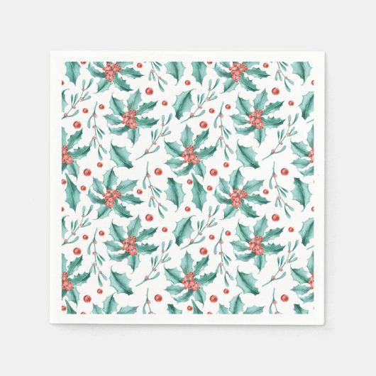 ヴィンテージの水色ホリーパターンクリスマス スタンダードカクテルナプキン (正面)