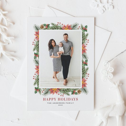 ヴィンテージの水色ポインセチアと緑の写真 シーズンポストカード