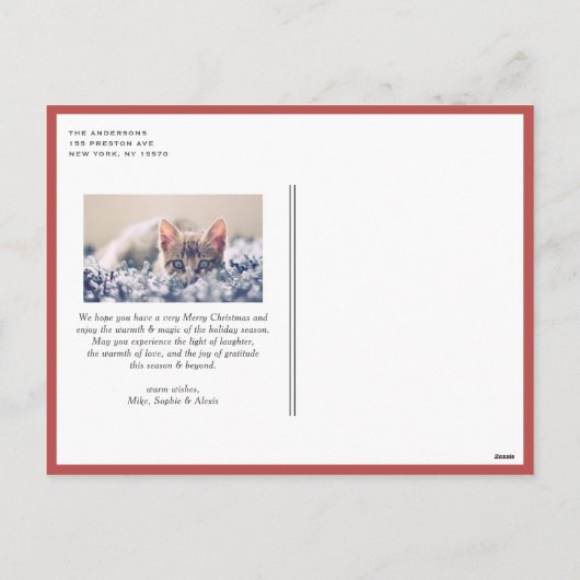 ヴィンテージの水色ポインセチアと緑の写真 シーズンポストカード (裏面)