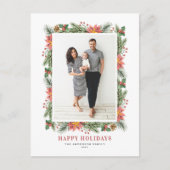 ヴィンテージの水色ポインセチアと緑の写真 シーズンポストカード (正面)