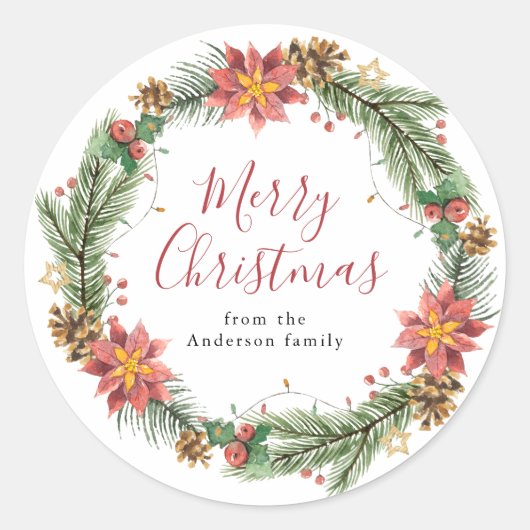 ヴィンテージの水色ポインセチア・メリークリスマス ラウンドシール (正面)