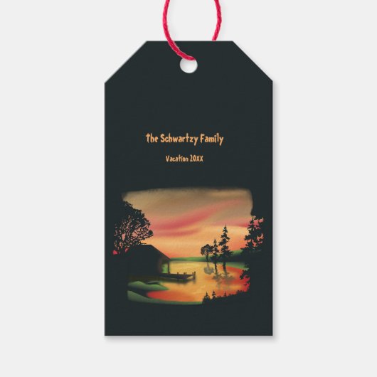 ヴィンテージの池の夕焼けの浮き輪から逃げる 緑と赤 ギフトタグ (正面)