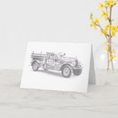 ヴィンテージの消防車の鉛筆画 消防士のイラスト カード (黄色い花)