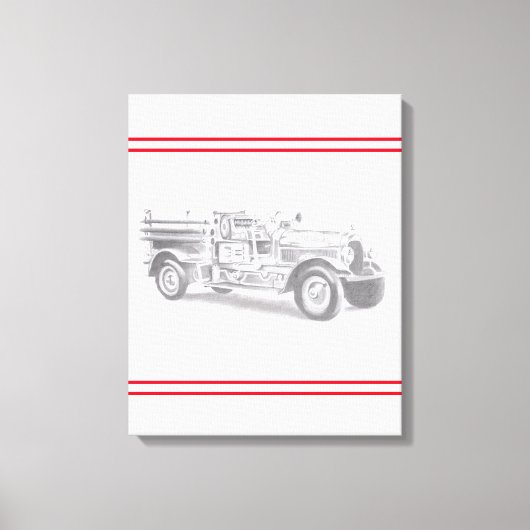 ヴィンテージの消防車の鉛筆画 消防士のイラスト キャンバスプリント (正面)