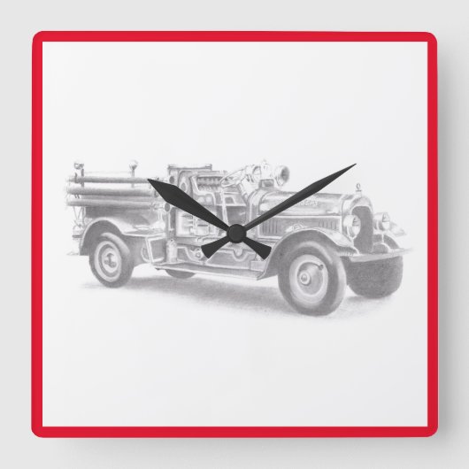 ヴィンテージの消防車の鉛筆画 消防士のイラスト スクエア壁時計 (正面)