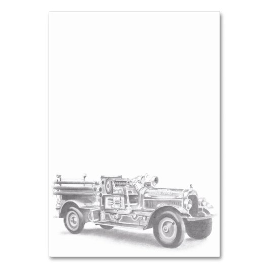 ヴィンテージの消防車の鉛筆画 消防士のイラスト テーブルナンバー (正面)